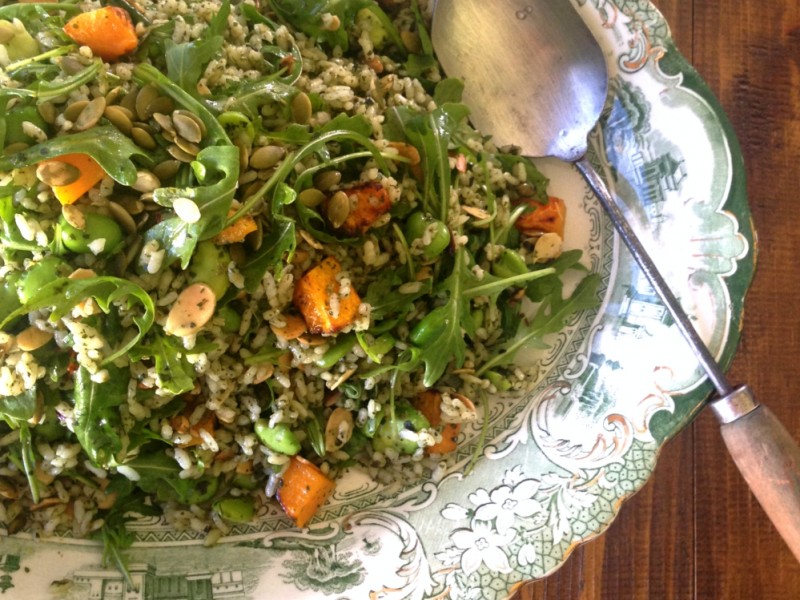 Risotto salad with Salsa Verde, Roasted Pumpkin & Broad Beans