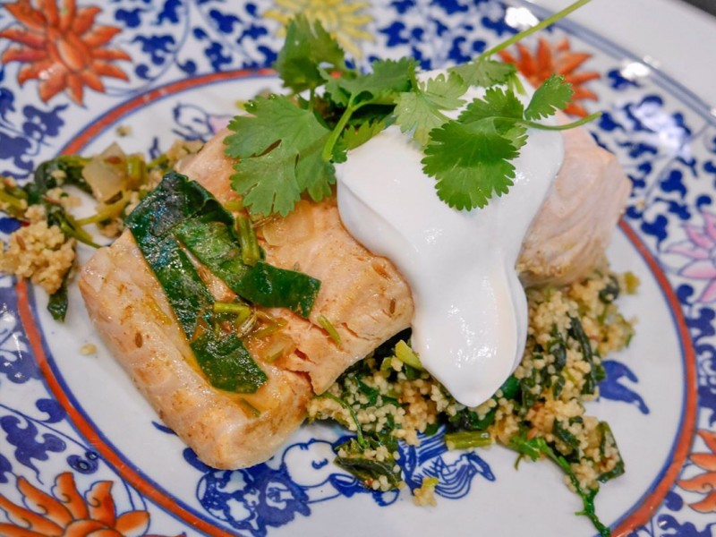 Steamed Salmon with Moroccan Spinach Cous Cous
