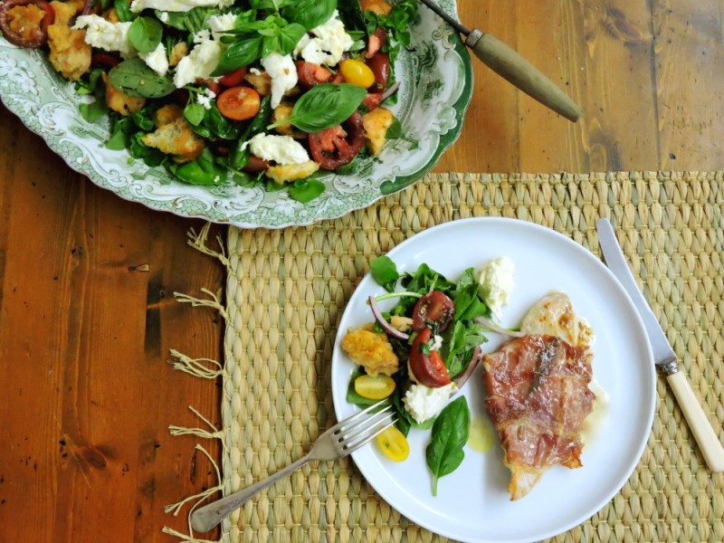 Turkey Saltimbocca with Heirloom Tomato Panzanella salad