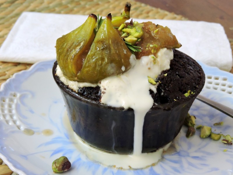 Dark Chocolate & Pistachio self-saucing Pudding with Roasted Rosemary Figs