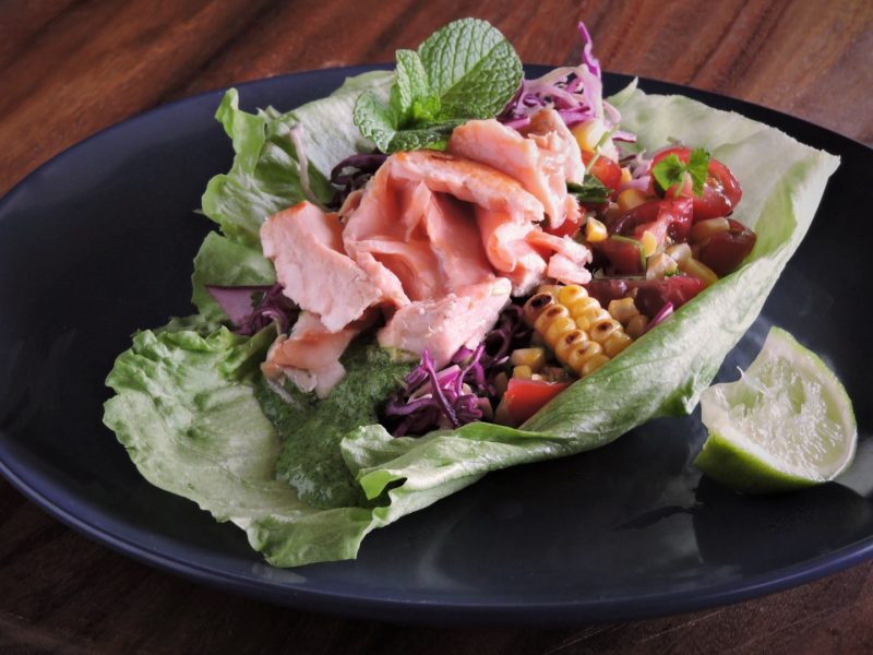 Salmon ‘Tacos’ with Green Goddess & Chargrilled Corn and Tomato Salsa